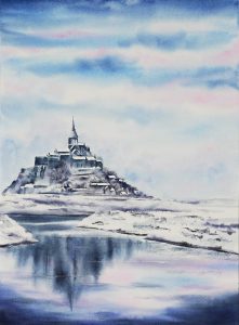 Mont Saint Michel enneigé aquarelle - 45x61 cm - 290 €