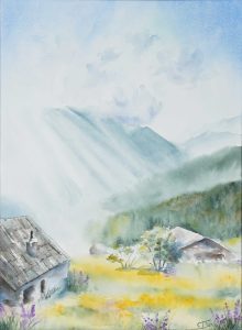 Pâturages aquarelle - 45x61 cm - 240 €