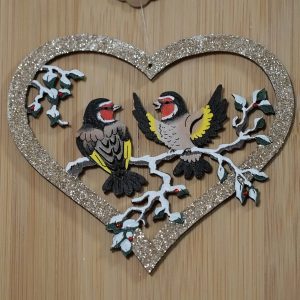 Cœur chardonnerets bois - 10.5 cm - 19 €