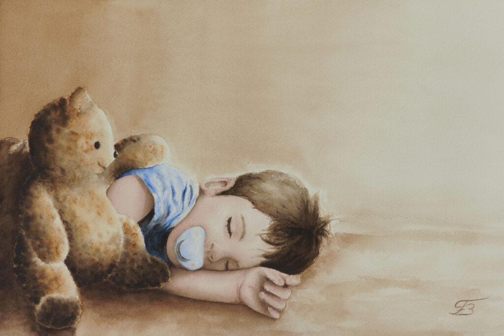 Antoine et doudou aquarelle - 24x38 cm