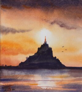 Mont St Michel soleil aquarelle - 20.5x18 cm